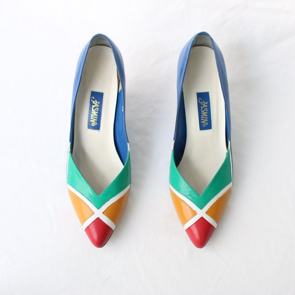 Unique Vintage Geometric Colour-Blocked Wedge Heels